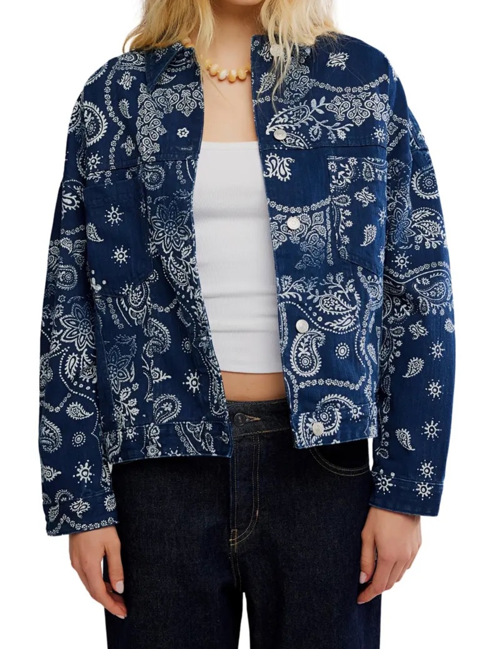 Free People Navy Bandana-Print Denim Jacket